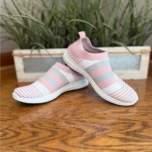 Pink and Gray Striped Slip-On Sneakers